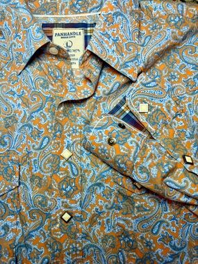 Panhandle Rough Stock Paisley Western Snap Shirt Large Orange Blue Cotton Cowboy
